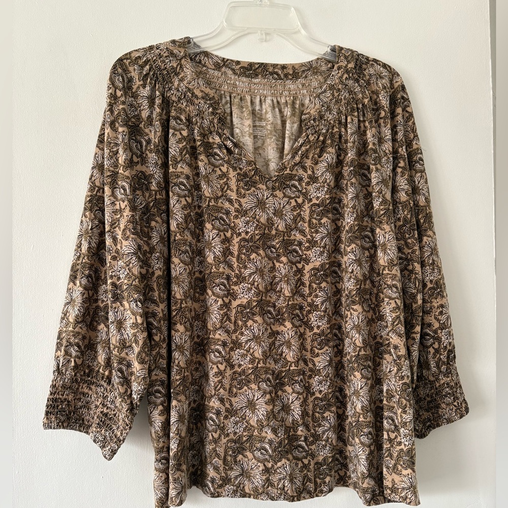 Pure Jill  smocked block printed top v neck floral